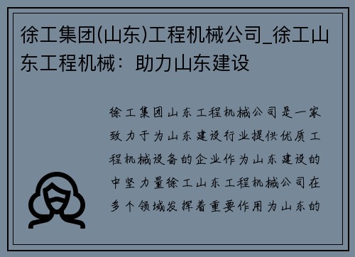 徐工集团(山东)工程机械公司_徐工山东工程机械：助力山东建设